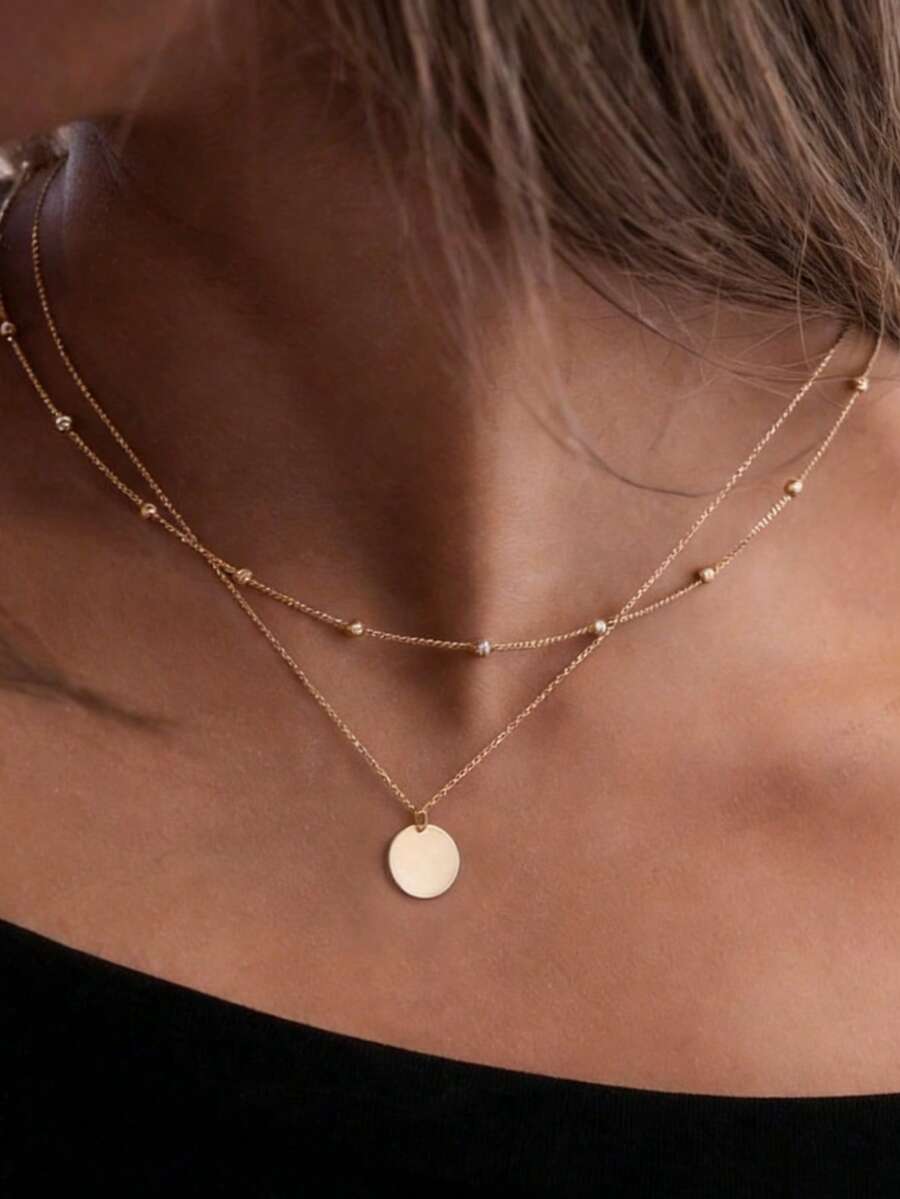 1 chiếc vòng cổ mặt đĩa hai lớp (số lượng hạt ngẫu nhiên) - Vàng - Xem 1
