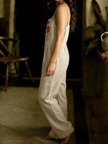 女士连体裤，刺绣无袖连体裤，带口袋，女士春夏休闲度假装，优雅时尚 - 杏色 - 查看 5