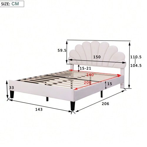 Polsterbett Doppelbett 140 X 200 Cm, Bettrahmen Mit Blumenförmigem Kopfteil Und Lattenrost, Erwachsenen-Jugendbett In High-Freundlichem Samtstoff, Gästebett Beige