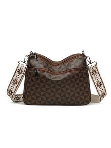 New Women's Large Capacity Crossbody Bag, Bohemian Style Adjustable Wide Strap Multi-Pocket Contrast Color Vintage Printed PU Material Commuter Casual Handbag - Brown - View 8