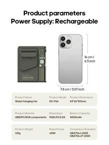 kinscoter 1 pieza Ventilador portátil recargable de 4000mAh para colgar en la cintura, accesorio para acampada, playa y viajes, mini ventilador personal de cuello - Montado en la cintura - Ver 10