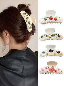 1 buc Clemă de păr acrilică cu imprimeu de albină și căpșuni drăguț, accesoriu de păr mare și dulce cu stras, potrivit pentru fete și femei, ținute de vară, cleme de plajă, gheare de păr, cleme de vacanță, gheare de plajă - Multicolor - Vizualizare 1