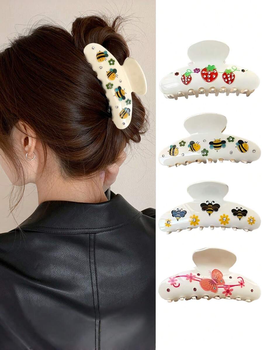 1 buc Clemă de păr acrilică cu imprimeu de albină și căpșuni drăguț, accesoriu de păr mare și dulce cu stras, potrivit pentru fete și femei, ținute de vară, cleme de plajă, gheare de păr, cleme de vacanță, gheare de plajă - Multicolor - Vizualizare 1