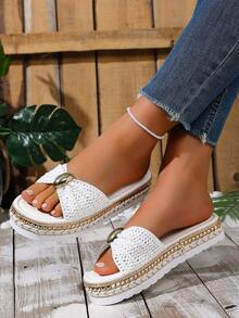 2026 New Bohemian Woven Thick Sole Casual Sandals, Beach Slippers - White Buckle - View 5