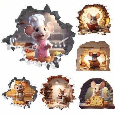 6pcs/Set 3D Mouse Hole Wall Stickers, Cartoon Mouse Switch Stickers For Living Room, Bedroom, Kitchen Decor