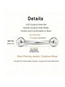 6件套不锈钢水晶锆石鼻环、唇环、眉环，低过敏性人体穿刺饰品，16G不锈钢弯头眉钉穿刺饰品套装，简约设计，适用于眉毛、耳朵、肚脐、嘴唇和身体其他部位，6/8毫米 - 眉釘 - 查看 7