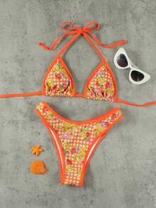 Conjunto de bikini y tanga triangular con estampado floral y escote halter sexy para mujer, ideal para la playa en verano - Multicolor - Ver 3
