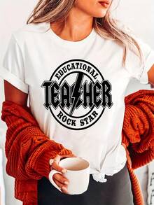 Camiseta con Estampado de Letras Estilo Rock, Manga Corta, Cuello Redondo, Top Casual, Adecuada para Primavera y Verano, Ropa de Mujer - Blanco - Ver 4