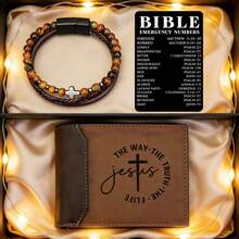 5 Styles Christian Gift Set For Men, PU Wallet & Cross Bracelet With Bible Emergency Numbers Card, Perfect For Birthday, Father's Day, Inspirational Religious Gift For Men - Brown - View 4