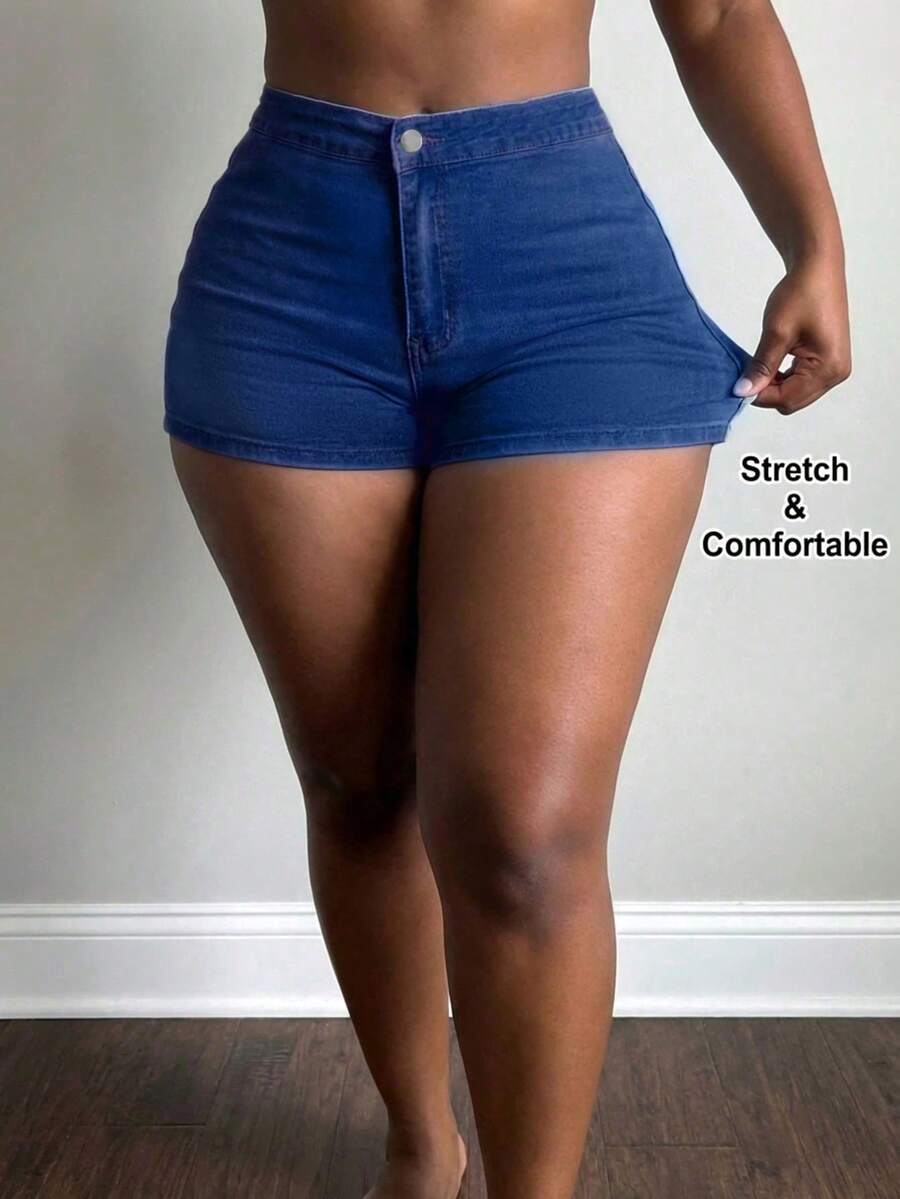 Women's Basic Mid-Waist Skinny Denim Shorts, Slim Fit Minimalist Hotpants - Dark Wash - View 1