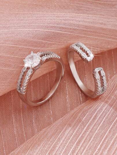 2 piezas Juego de anillos redondos brillantes de circonita cúbica sintética, diseño versátil unisex adecuado para uso diario y ocasiones especiales, regalo perfecto para vacaciones, aniversarios, compromisos, bodas, cumpleaños