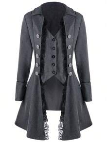 Giacca da donna in stile medievale a tinta unita con maniche lunghe e tre bottoni, top asimmetrico, vestibilità slim, gonna lunga da donna - Rosso - Visualizzare 5