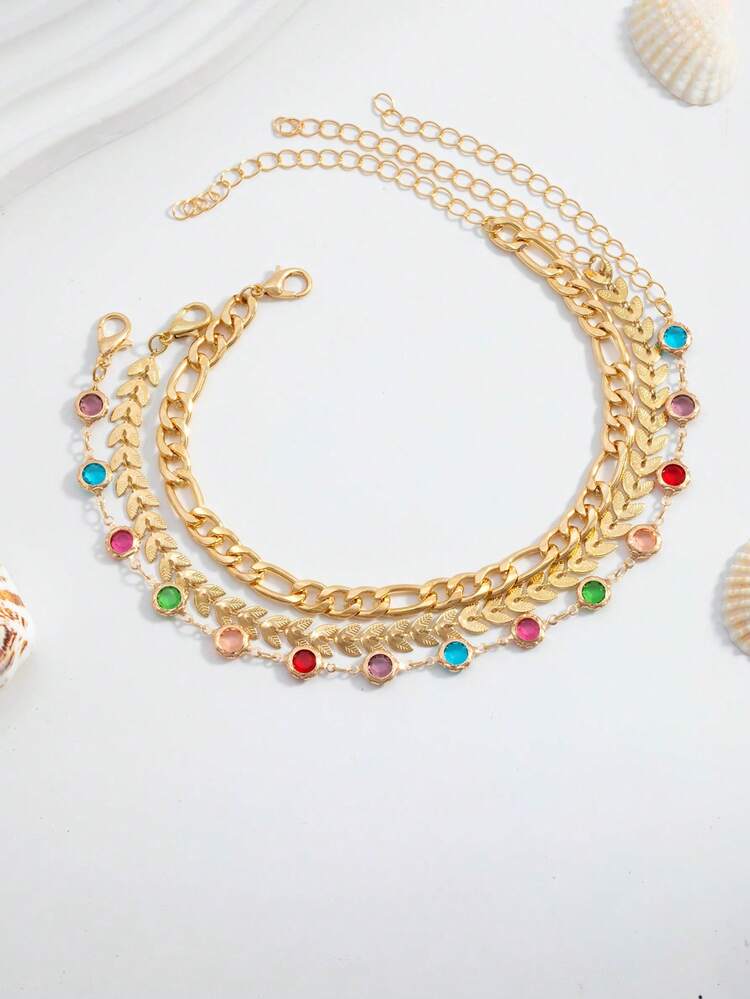 Bộ 3 chiếc vòng chân phong cách Bohemian, đính pha lê nhiều màu sắc, họa tiết lá hình học bằng kim loại, dạng dây xích, nhiều lớp, thích hợp cho nữ. - Nhiều màu - Xem 5