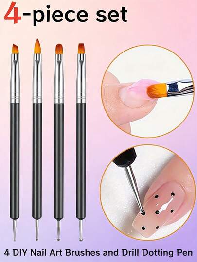 4支/2支装双头美甲笔和点钻笔套装，美甲笔套装，凝胶指甲油彩绘设计笔套装，6件套黑色亚克力圆柄美甲设计工具套装，超细精准美甲线笔，法式美甲笔，点钻笔，凝胶笔，调色棒，凝胶延长笔，适用于美甲沙龙和家庭DIY美甲工具，初学者美甲练习套装