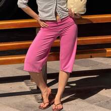 Women Casual Fold Over Loose Fit Capri Pant Leg Cropped Flowy Cotton Gaucho Pants Comfy Casual Yoga Coluttes Pajama Bottom Soft Comfortable Cropped Trouser Lounge Sleepwear Bottoms - 西瓜粉 - 查看 1