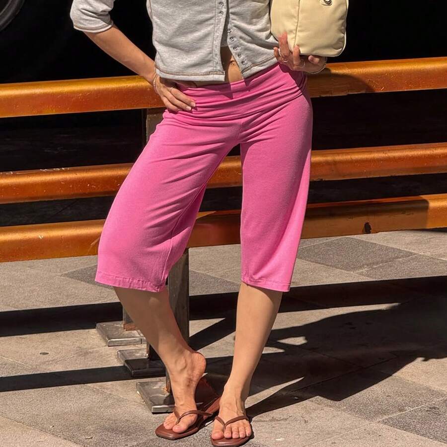 Women Casual Fold Over Loose Fit Capri Pant Leg Cropped Flowy Cotton Gaucho Pants Comfy Casual Yoga Coluttes Pajama Bottom Soft Comfortable Cropped Trouser Lounge Sleepwear Bottoms - 西瓜粉 - 查看 1