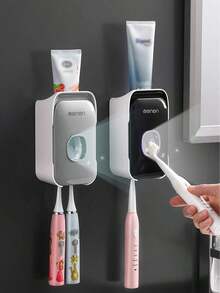 MENGNI 1pc Wall Mounted Automatic Toothpaste Dispenser With Toothbrush Holder Bathroom Accessories Set Home Bathroom Decor Fall Decor Back To School - 灰色的 - 查看 1