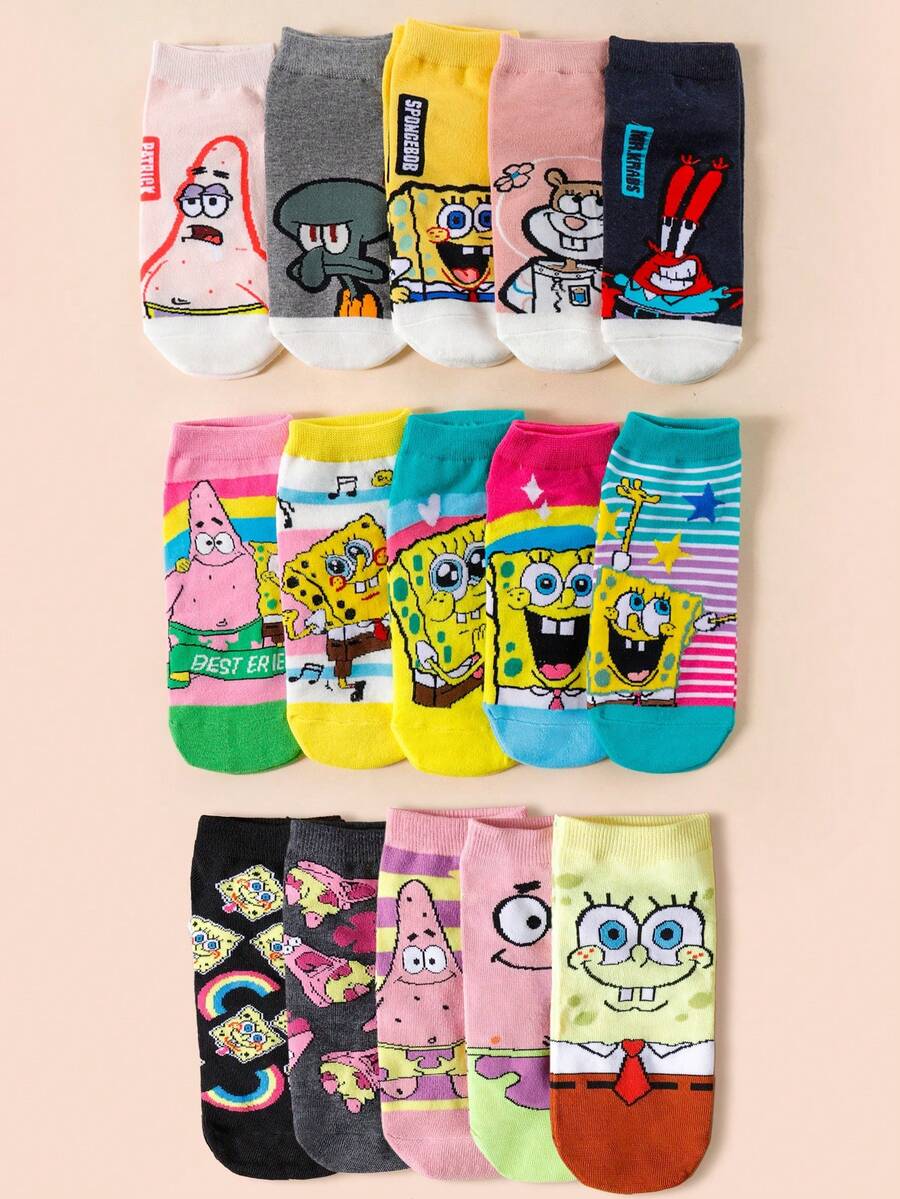SpongeBob SquarePants 6/10 Đôi tất ngắn nữ ngẫu nhiên, bao gồm các họa tiết hoạt hình 3D vui nhộn: sao biển, cua, v.v., thấm hút mồ hôi và thoáng khí, thời trang và đa năng. - Nhiều màu - Xem 1