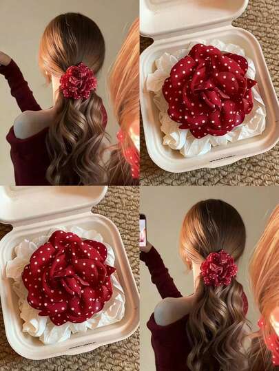 1 chiếc kẹp tóc hình hoa hồng chấm bi kiểu retro ngọt ngào, kẹp tóc đuôi ngựa giả hoa, phụ kiện tóc hoa vải, kẹp tóc phong cách dành cho bé gái