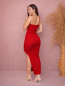Long Draped Bodycon Dress With Single Straps And Slit - Red - View 5