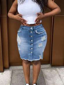 Sexy Stretchy Distressed Denim Pencil Skirt, Women's Casual Button Frayed Pocket Beach Denim Skirt, Summer Music Festival Denim Style - 中等水洗 - 查看 6