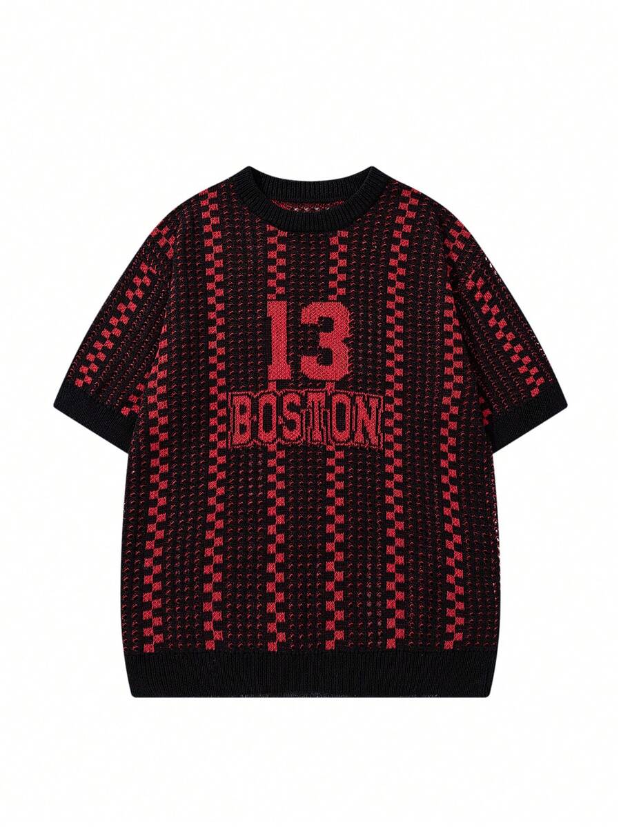 BOSTON13 男士休闲数字印花宽松圆领短袖T恤，街头服饰 - 黑色 - 查看 1