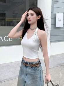 夏季性感吊带露背可调节金属扣不对称无袖吊带衫休闲款 - 白色 - 查看 3