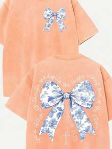 2026 Summer Clothes(230g T-Shirt) Oversized Washed Cotton "Faith Over Fear" Floral Graphic Christian T-Shirt, Casual Soft Short Sleeve, Breathable Ret - 橘色 - 查看 7