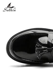 Salkin 新款时尚设计师男士流苏乐福鞋，优雅绅士社交鞋，亮面漆皮黑色纯色，柔软舒适的皮革鞋面，休闲日常穿着，返校学生风，厚底增高，商务正装办公室派对婚礼新郎鞋，春夏秋季均适用，尺码偏小，建议选购大一码。 - 黑色 - 查看 4
