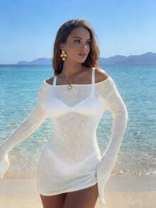 Vacation Beach Solid Color Knit Fitted Mini Cover-Up Dress White Summer - White - View 7
