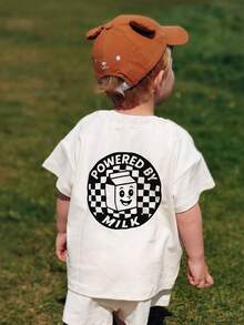 1件幼儿男童“牛奶动力”卡通图案休闲圆领短袖T恤 - 白色 - 查看 3