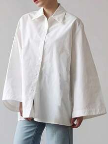 Plus Size Women Elegant Solid Color Casual Turndown Collar Long Sleeve Blouse, Woven Fabric Front Button, Office & Daily Wear, Spring/Summer/Autumn White - White - View 1