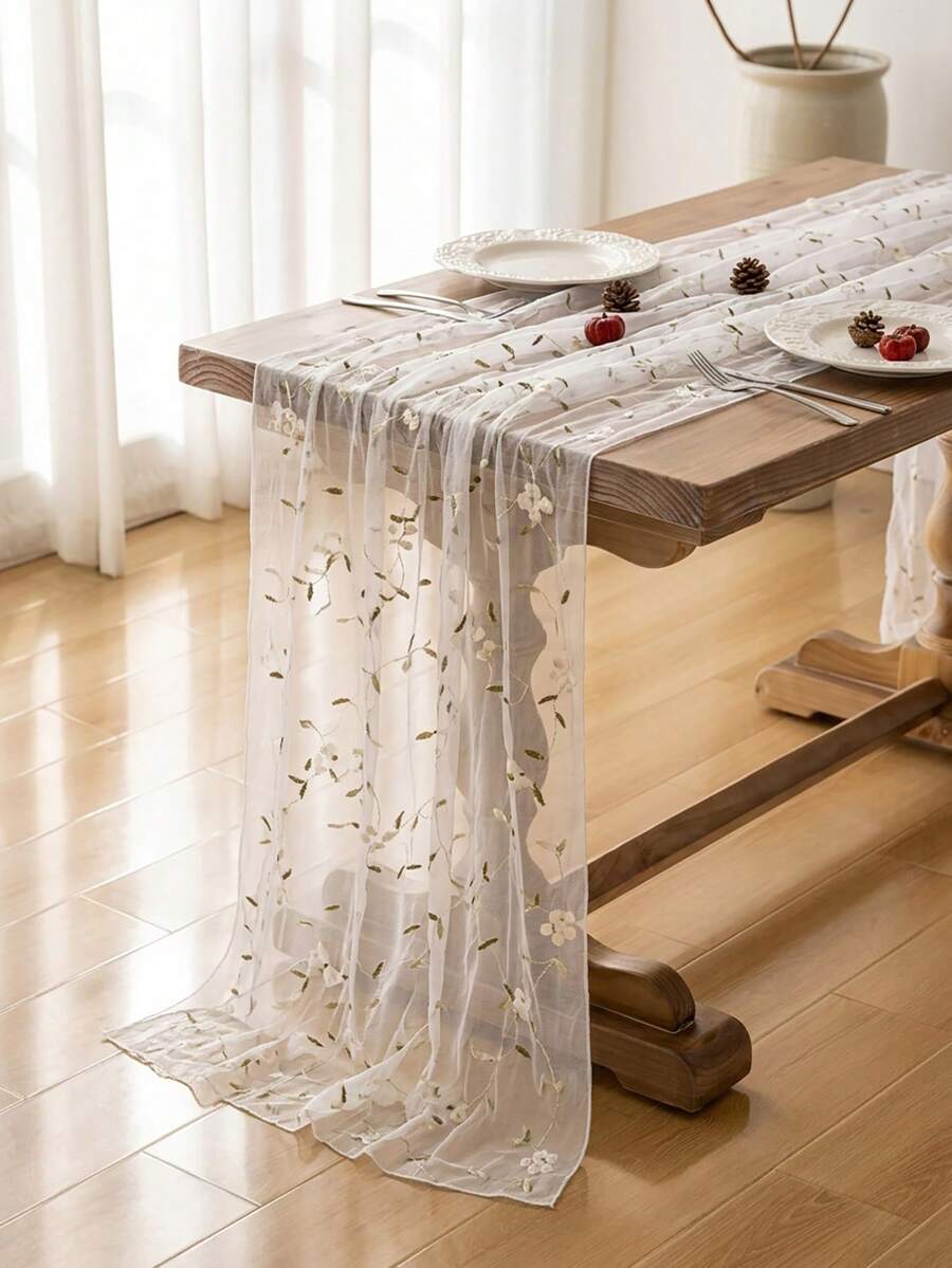 1pc Transparent Mesh Floral Embroidered Tablecloth, American Farmhouse Style Rectangular Table Runner, Suitable For Daily, Festivals, Parties, Weddings, Hotels, Home Dinners, All Seasons Home Decor - White - View 1