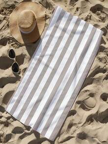 One Neutral Striped Beach Towel, Large In Size, Incredibly Soft And Quick To Dry. Timeless And Straightforward, Perfect For The Beach, Camping, And Yoga. Essential For Those Who Appreciate Minimalism. - Grayish White - View 5
