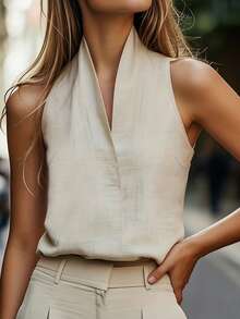 Spring/Summer Women's Fashionable And Elegant Casual Resort Urban Modern Beige Stand-Up Collar Sleeveless Top, Office Top, Summer Women's Top, Women's Casual Tank Top, Women's Formal Top, Women's Business Attire - Apricot - View 6