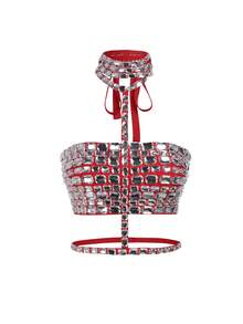 Love Aing Top corto de mujer con tirantes de amarre y cristales de Rhinestone colocados a mano, camiseta interior negra versátil y resistente; diseño sexy perfecto para citas, estilo de calle de lujo, actuaciones en el escenario, invitados de boda, fiestas de cóctel y eventos glamorosos. - Rojo - Ver 4