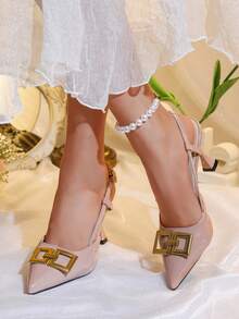 Giày sandal cao gót mũi nhọn kiểu Âu và Mỹ, quai ngang mắt cá chân, hàng mới về mùa hè dành cho nữ, khóa kim loại, gót nhọn thanh lịch, phù hợp để phối cùng váy dự tiệc. - Hồng - Xem 5