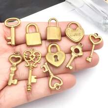 2 chiếc mặt dây chuyền hình trái tim bằng thép không gỉ, mặt dây chuyền hình chìa khóa kim loại, phụ kiện trang sức để tự làm vòng cổ, vòng tay, bông tai. - Vàng - Xem 3