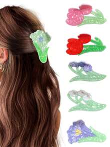 2 piezas de pinzas para el cabello con flores de tulipán frescas y dulces, pinza elegante para moño medio en la parte posterior de la cabeza, pinzas sin costuras para coleta para niñas, adecuadas para salidas, deportes, compras, fiestas, reuniones, cenas, vacaciones, actuaciones, té de la tarde, accesorios versátiles para el cabello, regalo ideal para el Día de San Valentín, Acción de Gracias, regreso a la escuela, cumpleaños, vacaciones - Multicolor - Ver 2