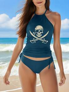 Women'S Tankini Swimwear Featuring A Pirate Skull And Crossbones Design, Perfect For Halloween And Rave Parties. This Elegant Bathing Suit Is Ideal For Beach Outings, Pool Gatherings, And Water, Showcasing A Cute Style, Durable Fabric - Lake Blue - 查看 1
