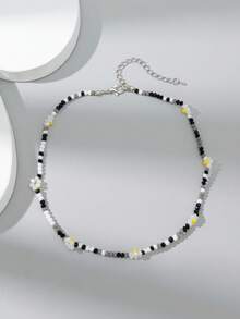 1 pieza Collar de mujer con cuentas de flores y bloques de color, adecuado para uso diario (color de las cuentas aleatorio) - Negro - Ver 4