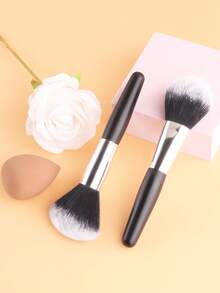 ronshadow 2支短柄黑银色散粉刷+化妆海绵，柔软有弹性的化妆刷套装，打造无瑕底妆工具 - 黑色 - 查看 4