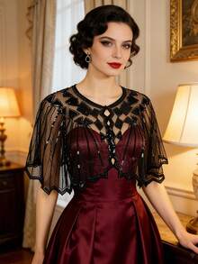 1 pezzo Elegante scialle vintage anni '20 con paillettes, mantella con bordo in pizzo ricamato, giacca corta formale con paillettes e perline, gilet stile casual, mantella luccicante da discoteca, accessorio da donna traspirante per feste e occasioni formali con apertura frontale - Multicolore - Visualizzare 1