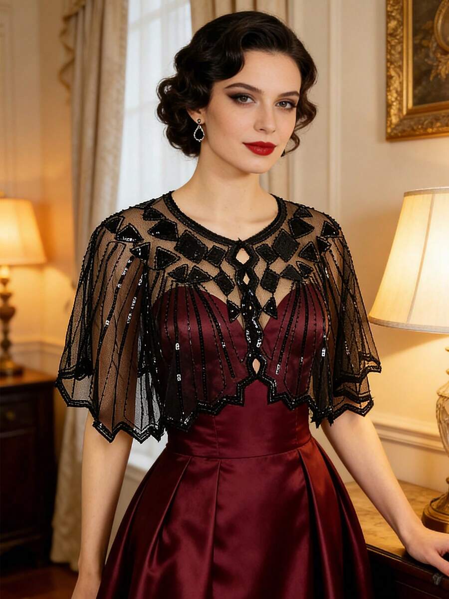 1 pezzo Elegante scialle vintage anni '20 con paillettes, mantella con bordo in pizzo ricamato, giacca corta formale con paillettes e perline, gilet stile casual, mantella luccicante da discoteca, accessorio da donna traspirante per feste e occasioni formali con apertura frontale - Multicolore - Visualizzare 1
