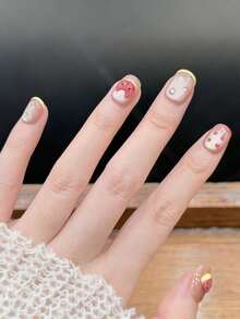 10pcs/Set Press On Nail Caps, Cheese Watermelon, Pinch And Paint Design, Three Dimensional, Flashing Effect, Glass Beads, Cat Eye, Cute Handmade Nail Accessories - Multicolor - View 3