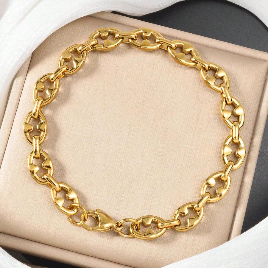 1pc 18K Gold Plated Stainless Steel Unique Coffee Bean Bracelet, Hip-Hop Street Style, Suitable For Men's Daily Wear, Parties, Stages, Music Festivals - Gold - View 1