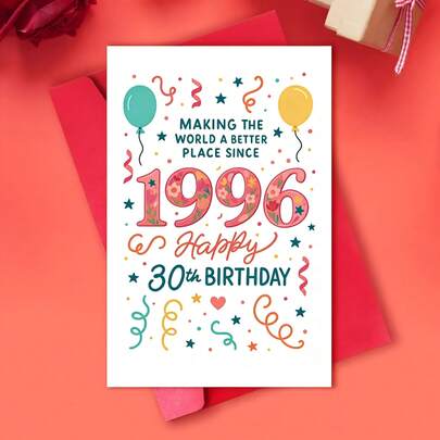 1张1996年版欢快的30岁生日贺卡，是送给朋友、家人和同事的理想之选。这款贺卡设计充满活力，饰有五彩纸屑和气球，是庆祝这个重要年龄的完美礼物，也是派对礼物的理想选择。