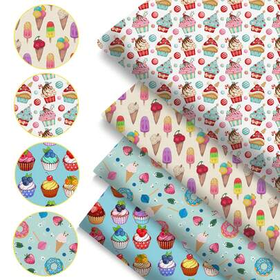4件/套蛋糕图案预裁绗缝布料，7.87x7.87英寸（20x20厘米）涤纶绗缝方块布，适用于拼布、DIY手工项目、DIY钱包制作