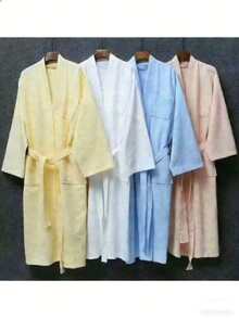 一件华夫格纹纯色披肩领浴袍，家居服，柔软吸水棉质面料，适用于浴室、卧室、泳池 - 白色 - 查看 3