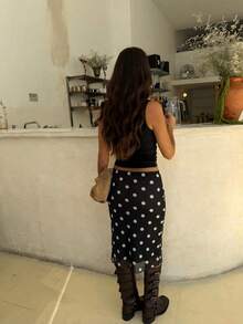 Fashionable Casual Versatile Polka Dot & Dogteeth Print Double-Layer Mesh Hem Skirt Black - Black - View 3